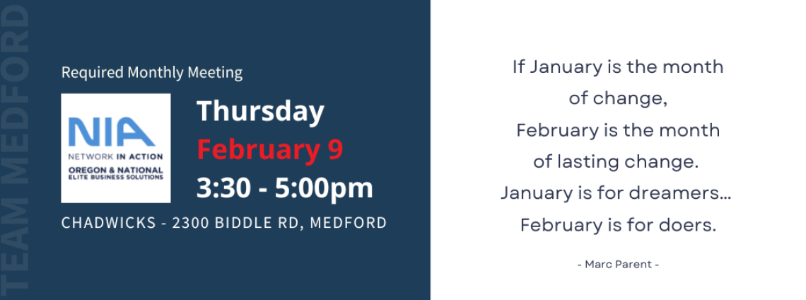 Medford Required Monthly Meeting - February 9, 3:30 - 5:00 pm, Chadwicks 