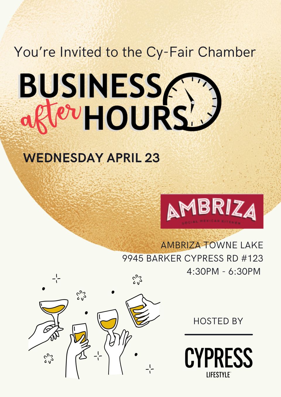 Hope you can join me and the Cy-Fair Chamber for Business After Hours happy hour. The event is on Wed, April 23 from 4:30PM - 6:30PM at Ambriza Towne Lake Boardwalk.🌮🍷🍹🍺🤩