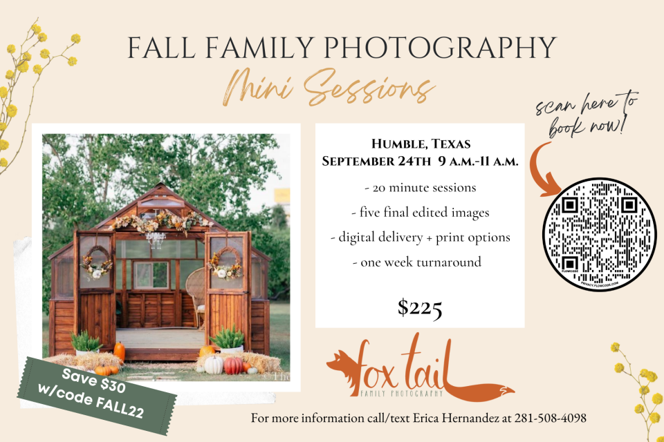 🍂Who here is ready for fall? Some of you may have seen this flyer at our last meeting, but I wanted to share all of the details for you here about my latest family fall photography mini-sessions. 🍂 --->>> Saturday, September 24, 2022   https://book.usesession.com/s/TrO0a5oOn?fbclid=IwAR2DVVUlfZ_bwxY_YgkAkHH2is4ET0SmYlla-oMKDV7yBLifRkFmEET-YkA
