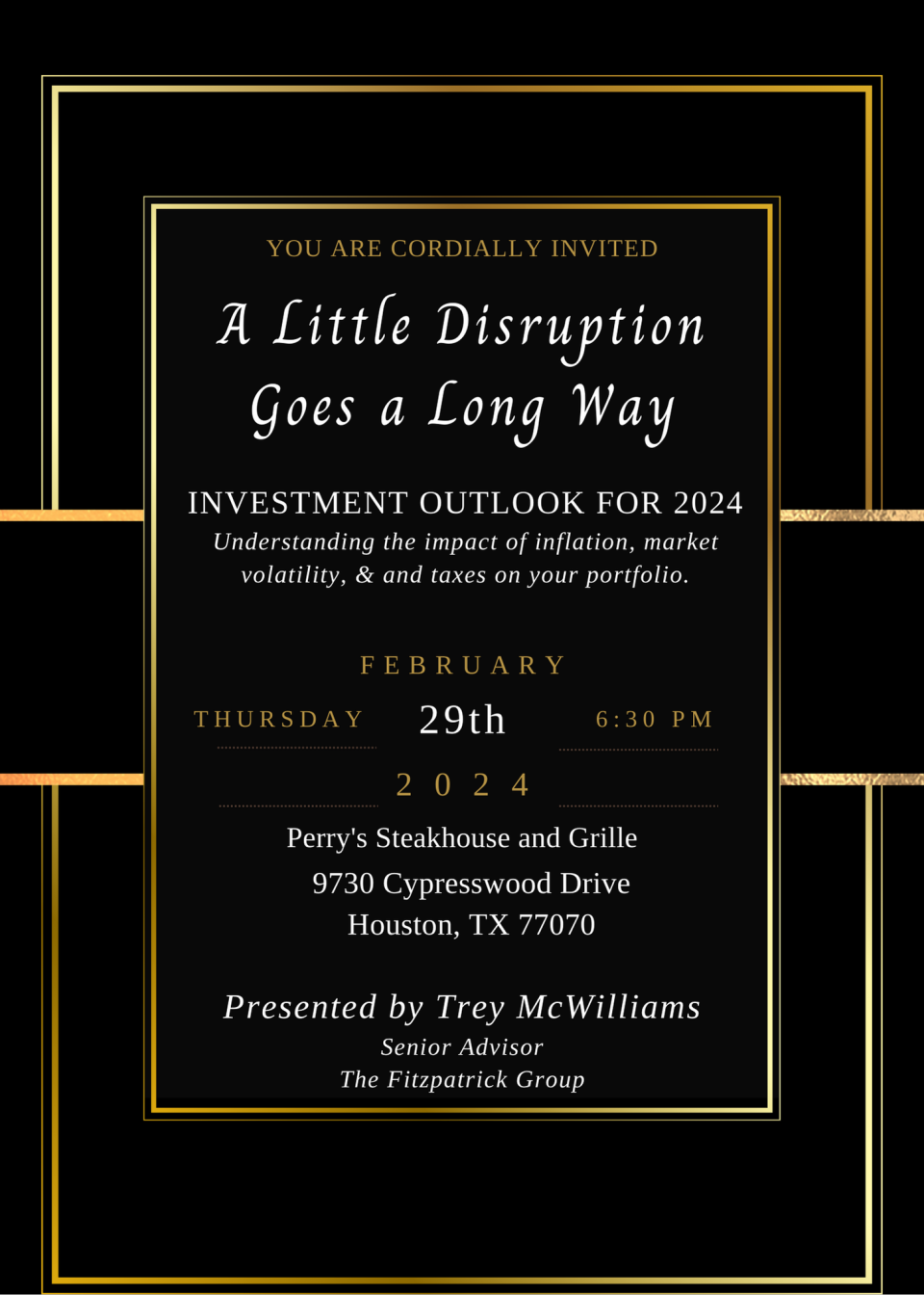 Would love to have you and a guest join me for dinner.  No sales pitch just some education about the financial services industry and 2024!  Let me know if you can join me!  Dinner is on me!