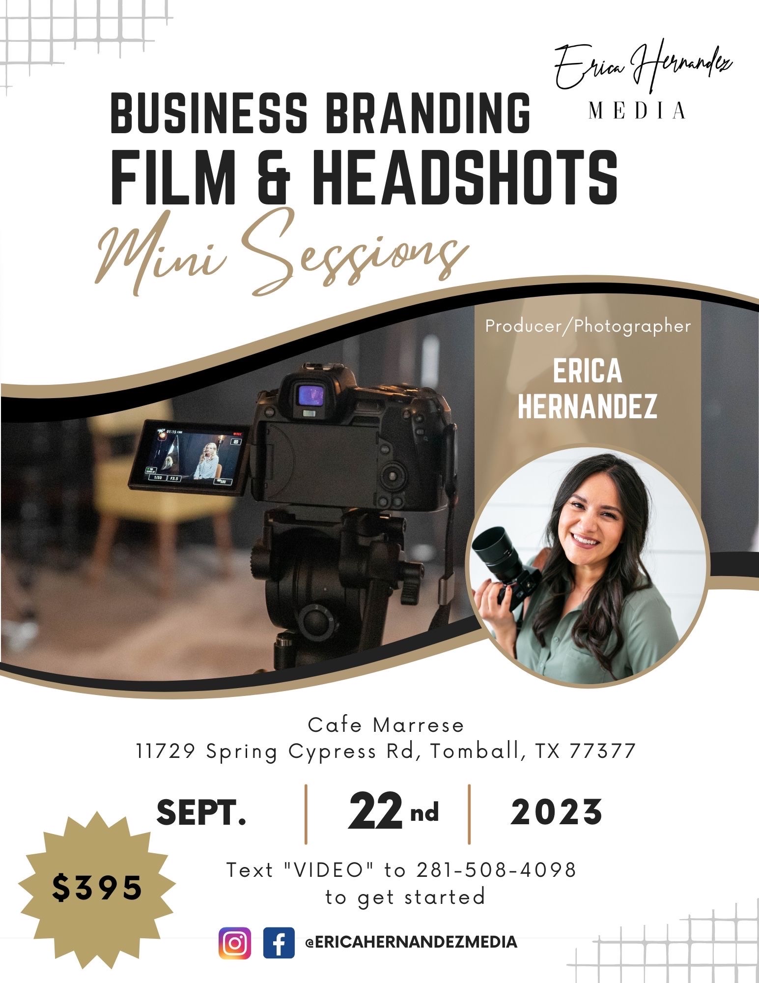 🎥 Hi NIA family ! Wanted to let you know I'm hosting a filming/photography session next month to help you show up online and build trust with your audience. We'll film your commercial and also capture 2 headshots to use for your video thumbnails. Here are the details—>>ONLY 6 SPACES AVAILABLE 🎥 Filming + Headshot mini session📆Friday, September 22nd, 2023📍11729 Spring Cypress Rd, Tomball, TX 77377 | Cafe Marrese 👉 $100 to book | $395 total investment  🔗More info & booking info  ---> https://book.usesession.com/s/_F0nNAQ13 