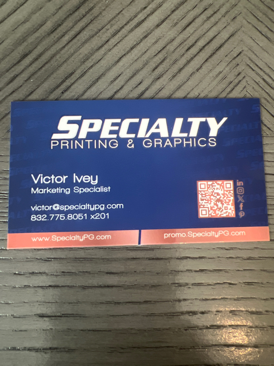 Victor Ivey with Specialty Printing and Graphics came through with a last minute table drape with my logo! Highly recommend you call him for your printing needs!!