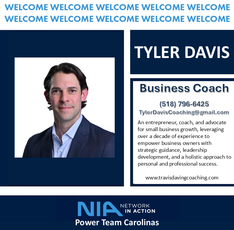 🚀 **Exciting News! Welcome Tyler Davis to Network in Action, Power Team Carolinas – Fort Mill!** 🎉 We’re thrilled to welcome Tyler Davis, an experienced entrepreneur, business coach, and passionate advocate for small business growth, to our NIA Power Team Carolinas – Fort Mill group! With over a decade of experience, Tyler brings a wealth of knowledge and a holistic approach to coaching, helping business owners navigate challenges, refine their strategies, and achieve sustainable success. Tyler’s commitment to empowering professionals and fostering strong business relationships aligns perfectly with NIA’s mission. We’re excited to have him as part of our community and look forward to the insights, connections, and impact he’ll bring! Join us in giving Tyler a warm welcome in the comments below! ⬇️ #WelcomeToNIA #PowerTeamCarolinas #NetworkingSuccess #BusinessGrowth #Entrepreneurship #NetworkInAction #NeworkInActionPTC #PowerTeamCarolinas #TylerDavisCoaching