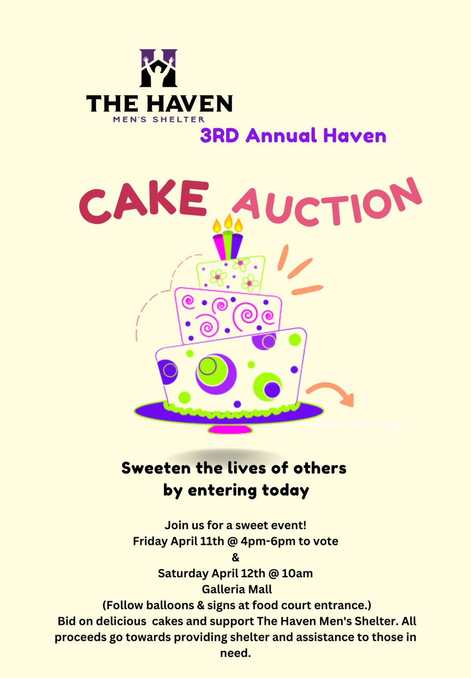 Join the Haven Men's Shelter for our 3rd Annual Cake Auction. Enter a cake and see how much it will raise for the Haven!!