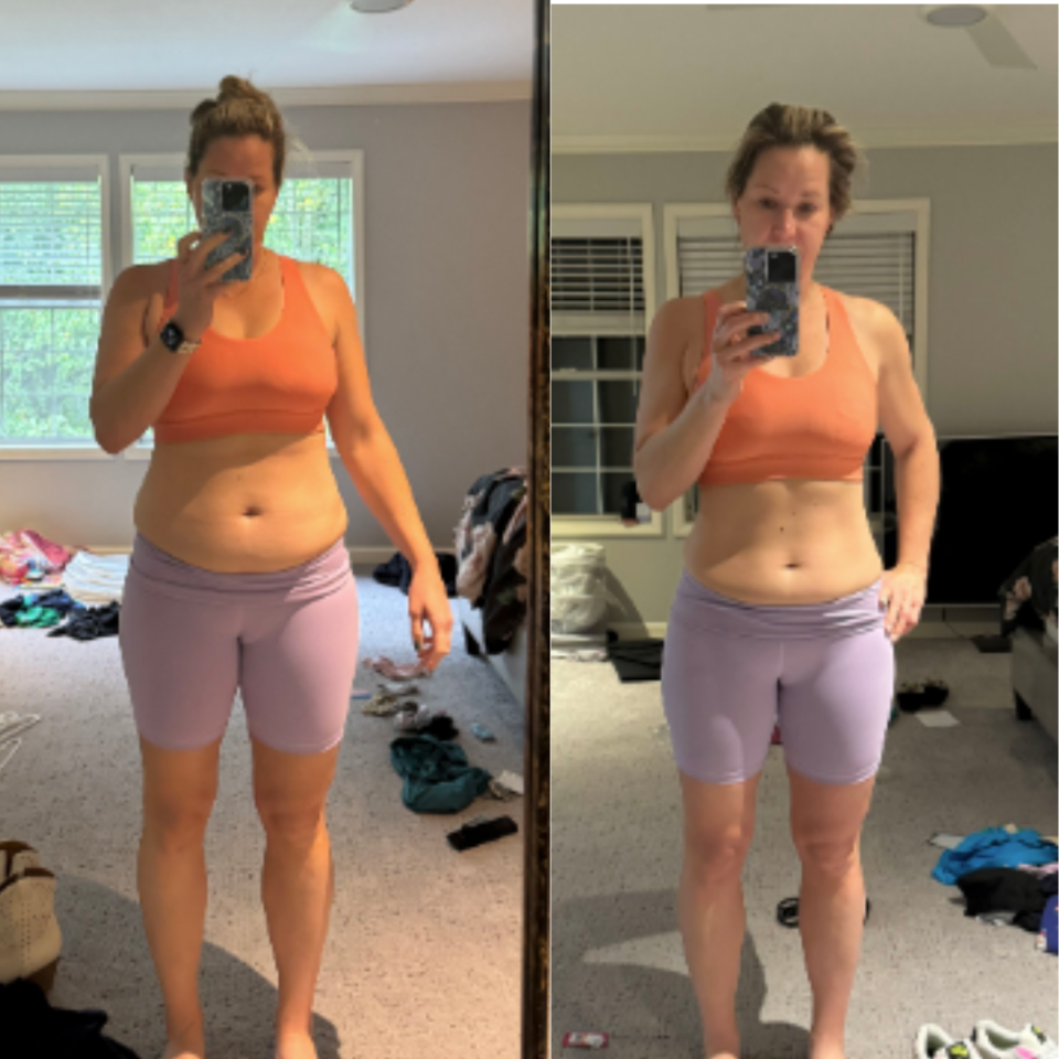 Weight 173 -> 160.4<br />Butt: 43.4 -> 40<br />Thigh 24.7 -> 22.75<br />Waist 33.5 -> 29<br /><br />Was working out before but didn't look like it - she does now! <br />Kids<br />In alcohol industry